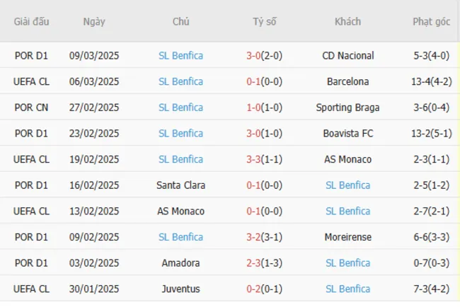 Phong độ gần đây của Benfica